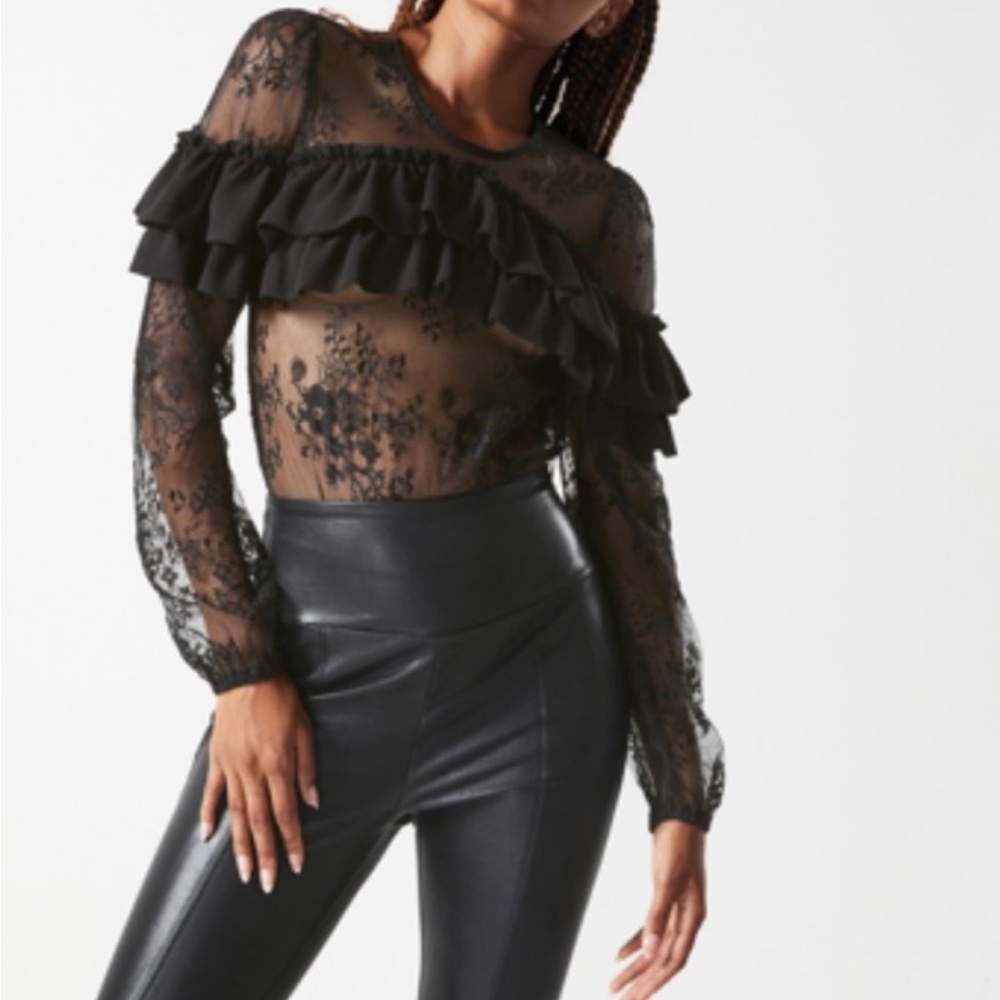 NWT BCBGMaxazria Rosa ruffle lace, long sleeve, black, body suit size s